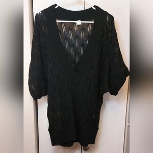 American Attitudes Loose Weave Black Sweater V-Neck Short Sleeve Boho Office